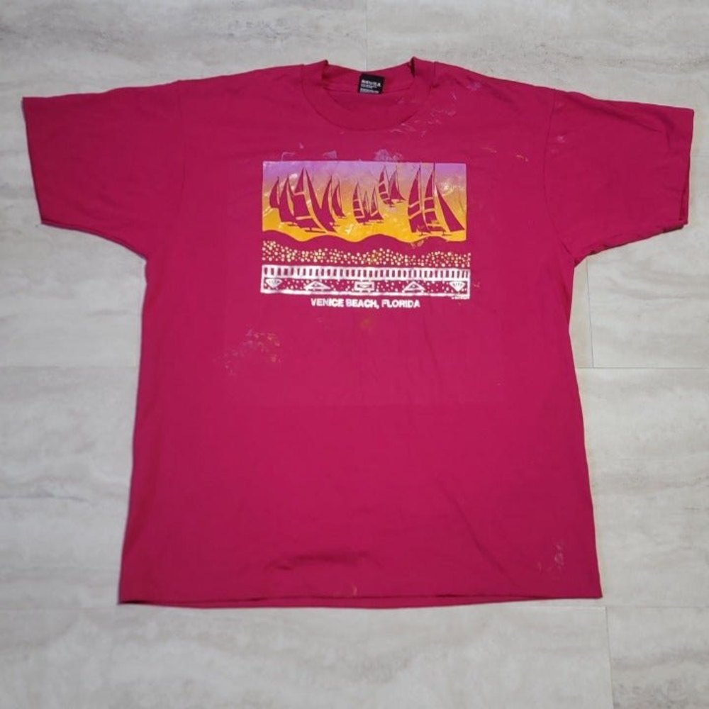 Vintage Venice Beach, Florida Sailboat Graphic Pink Screen Stars Best T-Shirt XL